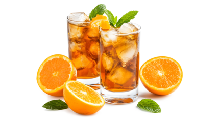 A glass of tea with a straw and an orange slice on the side