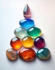 白い表面の上に虹色の7つのチャクラストーン