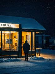 A lonely figure standing outside the coffee shop in the snowy night.