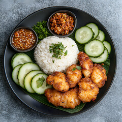Crispy fish with rice and cucumber, Asian-inspired