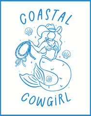 Coastal Cowgirl Mermaid Western Cowboy Bachelorette Beach outline playful hand drawn