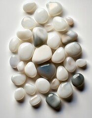 白い背景の上に無造作に散らばった、小さく研磨されたムーンストーンの小石