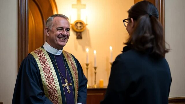 Smiling reverend in vestments interacting with a parishioner inside the chapel