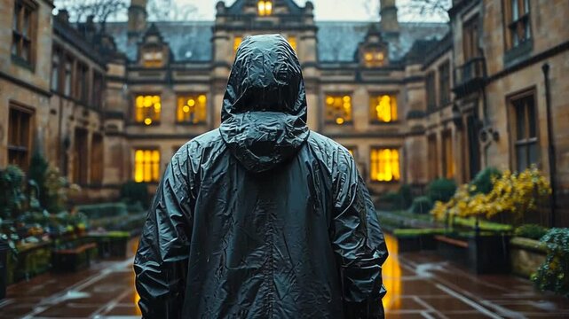 Rainy day at university quadrangle, person contemplating