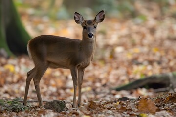 Fototapeta premium Young deer stands amidst autumn leaves in a forest setting