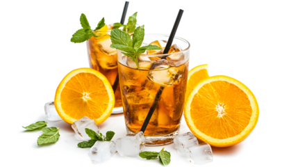 A glass of tea with a straw and an orange slice on the side