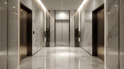 Modern Elevator doors of office or hotel hallway,holiday season decor with christmas tree,Lobby interior, corridor in house with lift,marble elegant lift for passenger or cargo elevators,copy space.