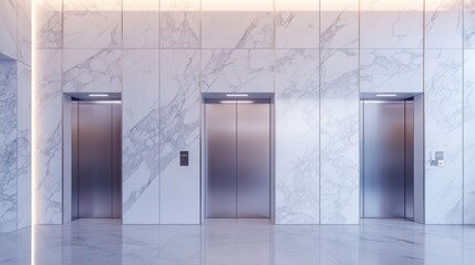 Modern Elevator doors of office or hotel hallway,holiday season decor with christmas tree,Lobby interior, corridor in house with lift,marble elegant lift for passenger or cargo elevators,copy space.