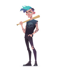 A confident punk-style character with blue hair, tattoos, and a baseball bat. Wearing ripped black clothing and a skull-printed shirt, he exudes a rebellious attitude. Urban and alternative themes
