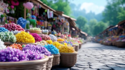Fototapeta premium Colorful handcrafted items displayed in open-air market stalls. A variety of small, decorative plants and flowers, plus other crafts, are on display