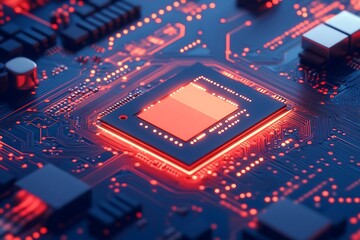 Obraz premium Red glowing CPU on circuit board.