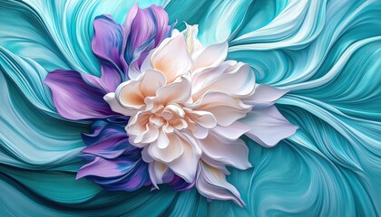 Fototapeta premium Abstract White Purple Flower with Flowing Teal - Elegant Floral Digital Art