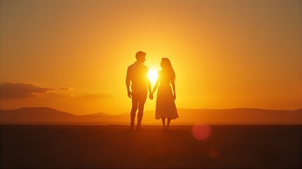 Romantic Golden Hour Sunset Couple Silhouette Holding Hands Scenic View