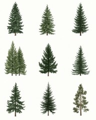 Collection of Nine Evergreen Trees in Watercolor Art Style on White Background