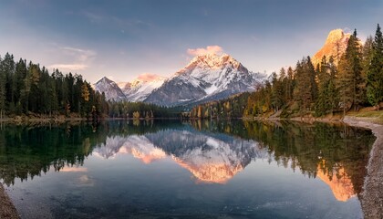 Fototapeta premium 日の出の時間帯、澄み切った湖に完璧に映る雪を頂いた山の反射