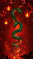 Entwined Emerald Snakes with Lanterns Blossoms - Asian Serpent Art