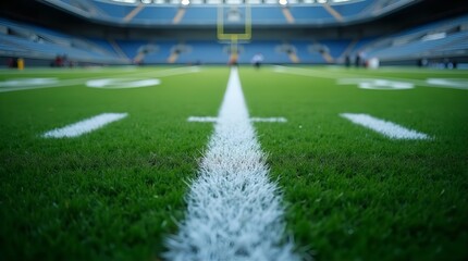 American Football Field Green Grass White Yard Lines Stadium Seating Perspective View