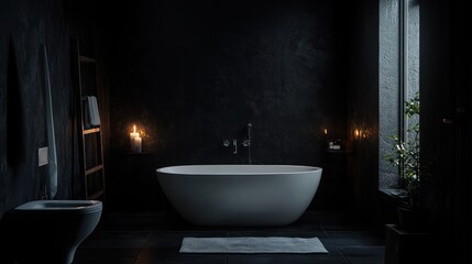 Dark modern bathroom, oval tub, candles, minimalist design, interior, moody, contemporary style, tranquil, inspiring, for design