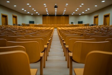 Fototapeta premium Rows of wooden chairs neatly arranged in an auditorium space