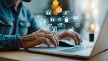 Modern home management software.  Hands on laptop with overlaid icons