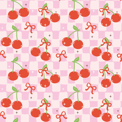 Cute Retro Cherries & Bow Seamless Pattern on Checkered Background, Y2K Aesthetic