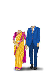 Traditional Indian Couple in Yellow Saree & Blue Suit &ndash; Wedding Caricature Body Template Indian Caricature Body Template