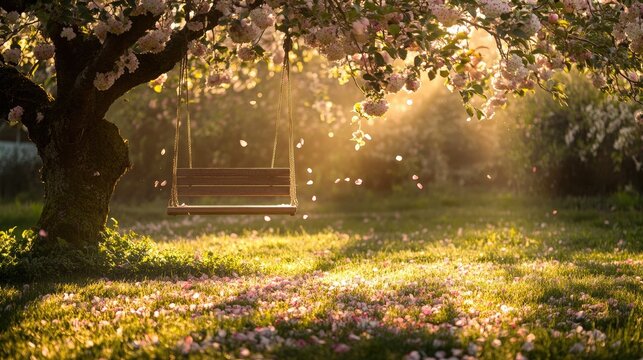 A wooden swing hanging from a sturdy apple tree in full blossom