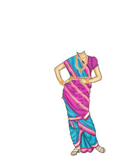 Pink & Blue Saree &ndash; Indian Woman Caricature Body Template (No Face PNG)