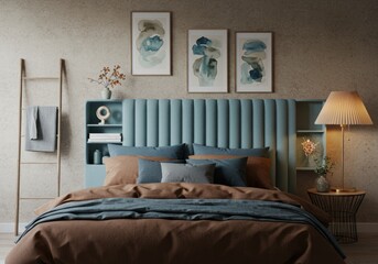 Bedroom with Blue Fluted Headboard