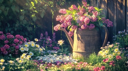 A wooden watering can overflowing with lilacs