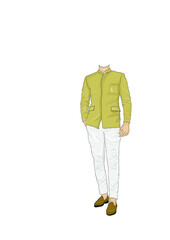 Stylish Indian Man Caricature template in Olive Green Indo-Western Outfit &ndash; PNG Template for Weddings & Modern Celebrations