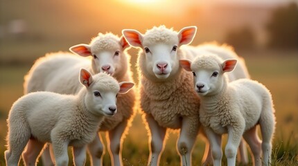 Fototapeta premium Four Cute Lambs Golden Sunlight - Farm Animals in Field