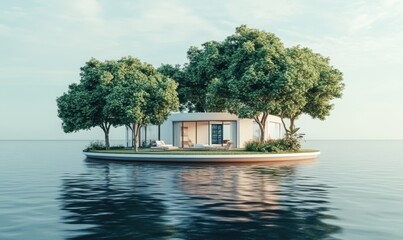 Obraz premium Circular island house with trees, ocean view, serene escape, ideal for travel ads