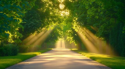 Obraz premium Serene Pathway Through Lush Green Trees With Sunlight Streaming Down in a Summer Landscape