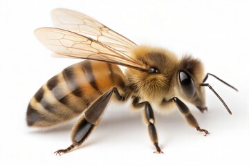 Detailed close-up of a honey bee, showcasing its striped abdomen, delicate wings, and fuzzy body, isolated on a clean white background