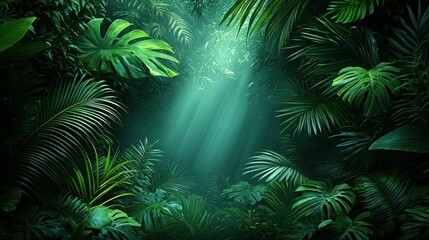 Lush jungle interior. Sunlight streams through dense foliage