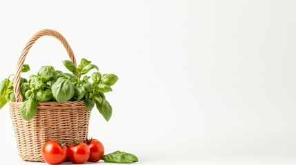 Fresh Basil and Red Tomatoes in a Wicker Basket on White Background
