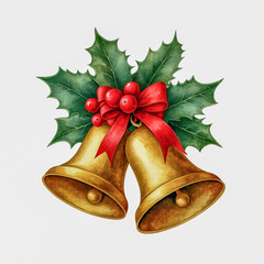 Festive christmas bells with holly leaves and red ribbon decoration