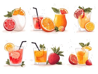 Tropical Fruit Cocktails for Summer Drinks Set.