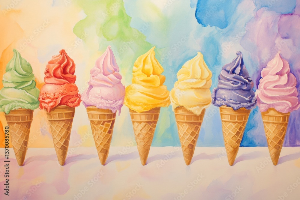 Poster delightful rainbow ice cream cones arranged in a row with pastel background displaying vibrant flavo