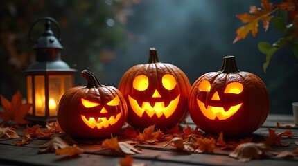Spooky Festive Halloween Night Scene Glowing Carved Pumpkins Lantern Autumn Tabletop Decor