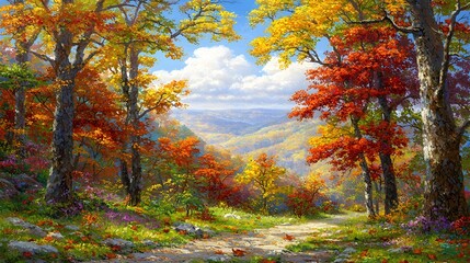 Fototapeta premium Vibrant Autumn Landscape with Colorful Trees and Scenic Pathway in a Forest Clearing
