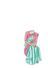Traditional Indian Woman Caricature template in Pink and Aqua Green Saree – Png for Wedding Cards, Portraits, and Cultural Clipart Projects