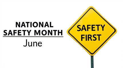 National Safety Month June - Yellow Diamond "Safety First" Road Sign for Safety Awareness