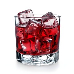 Red Cocktail with Ice Cubes in a Clear Glass on a White Background