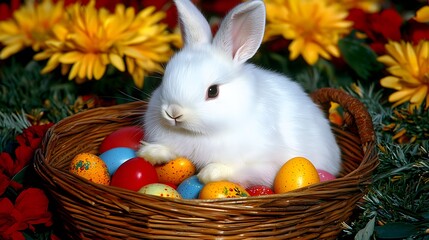 White Rabbit Sitting Among Colorful Easter Eggs in a Basket Surrounded by Blooming Flowers