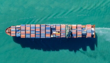 Aerial view of a cargo ship transporting containers across the ocean. The ship is moving goods for international trade and global commerce. , AUCKLAND, NZ