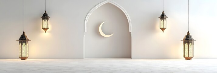 Elegant Islamic inspired archway with a crescent moon and soft shadows cast by glowing lanterns creating a tranquil and spiritual atmosphere