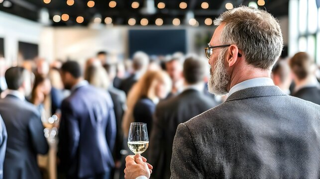 Man in a Stylish Suit Holding a Glass at a Business Networking Event in an Upscale Urban Venue