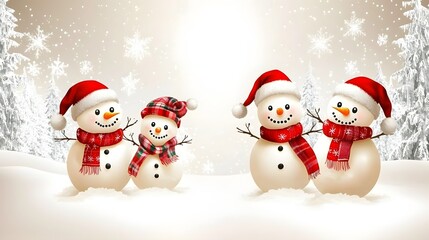 Cheerful Snowmen Family in Santa Hats Surrounded by Snowflakes in a Winter Wonderland